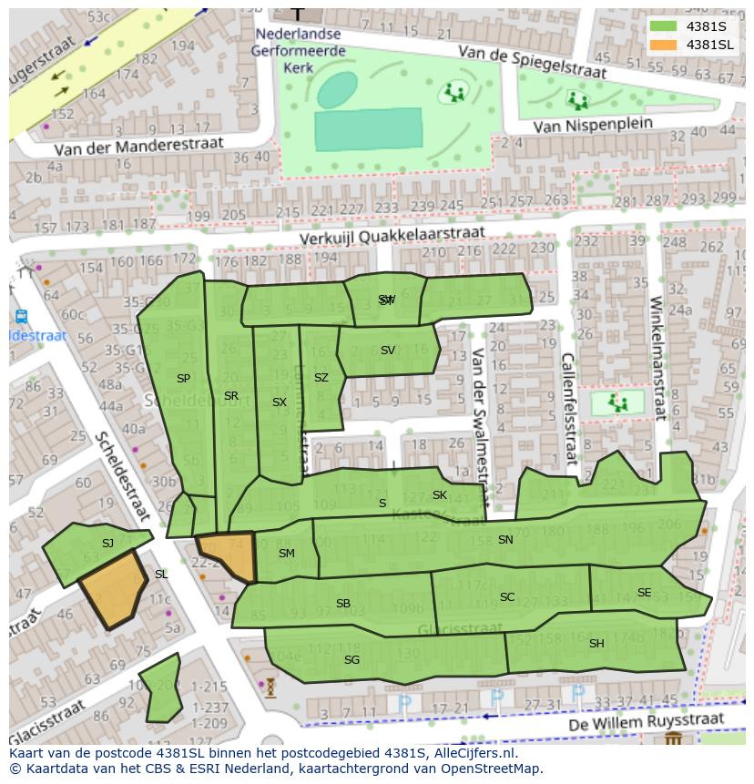 Afbeelding van het postcodegebied 4381 SL op de kaart.