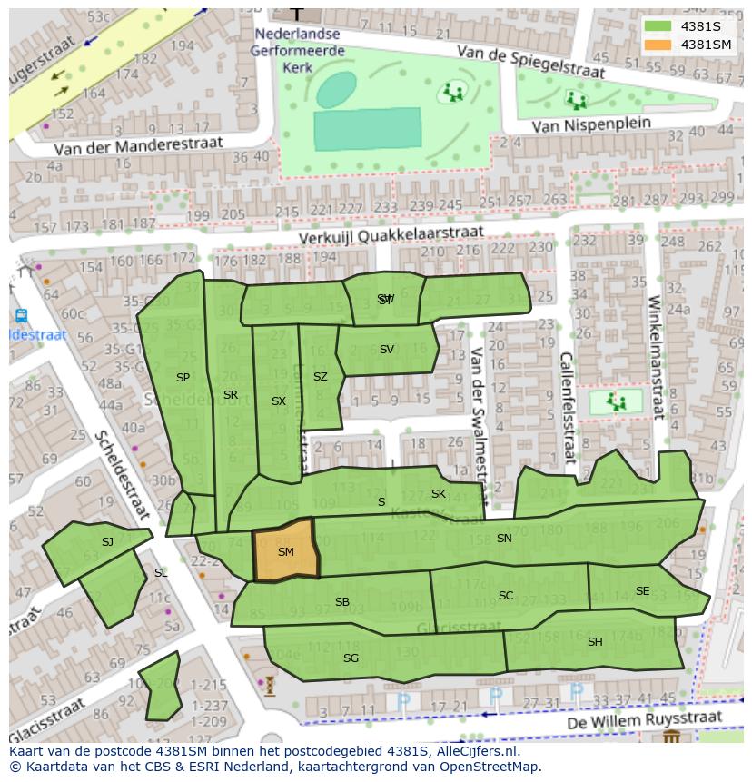 Afbeelding van het postcodegebied 4381 SM op de kaart.