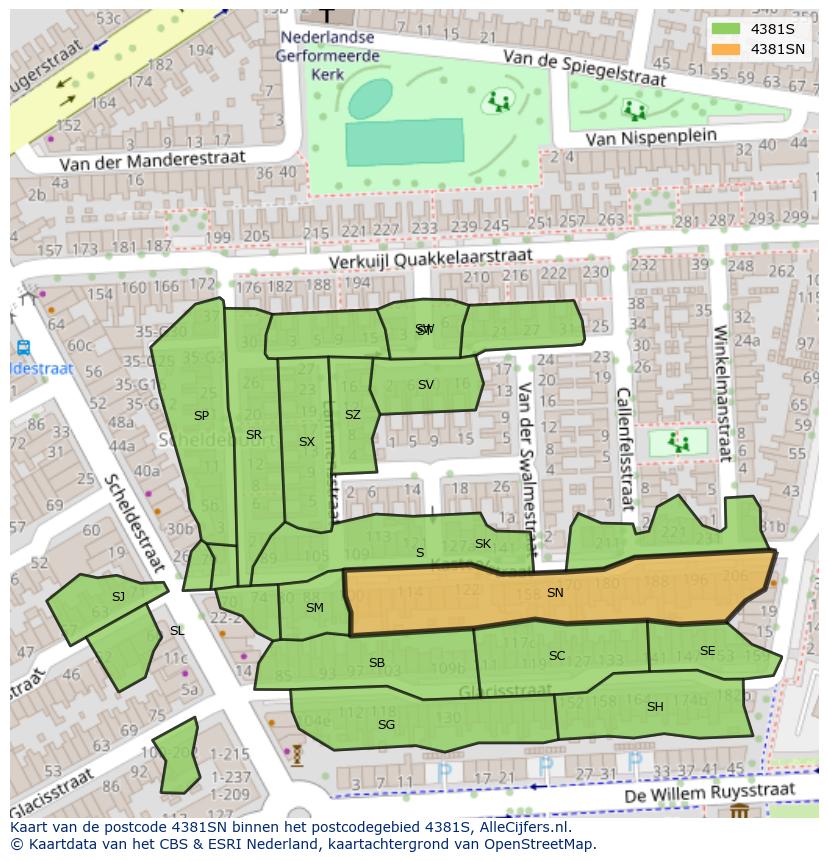 Afbeelding van het postcodegebied 4381 SN op de kaart.