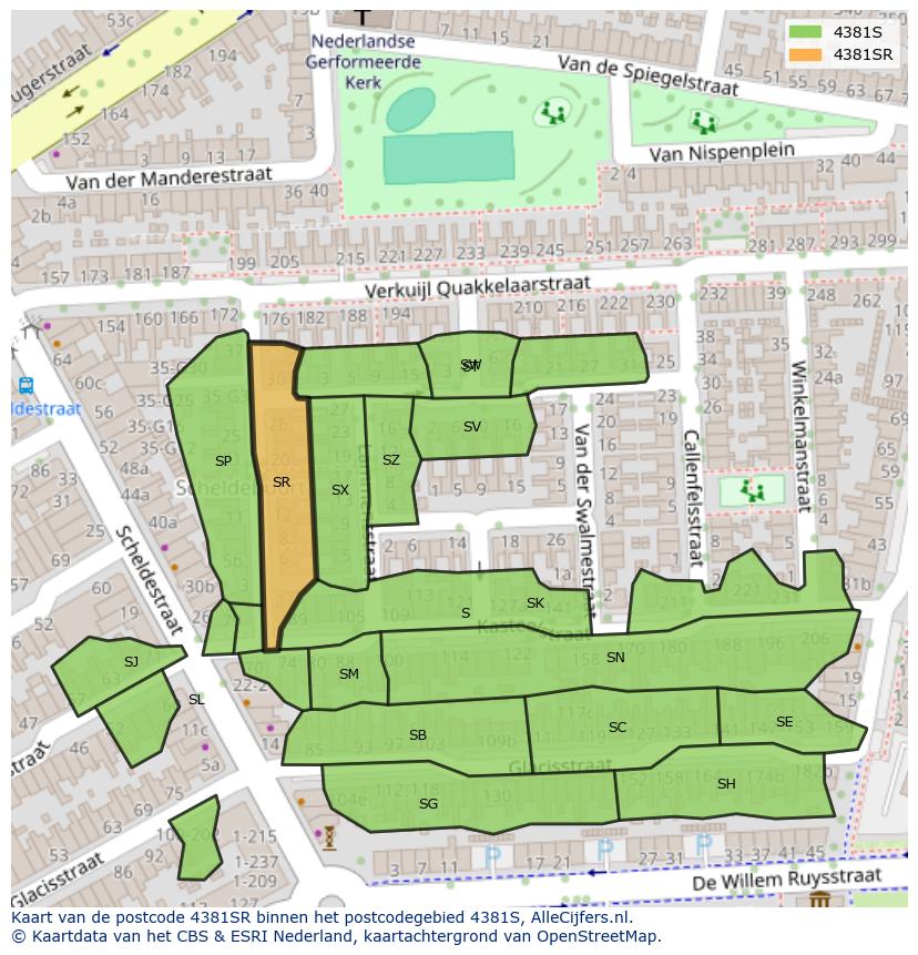 Afbeelding van het postcodegebied 4381 SR op de kaart.