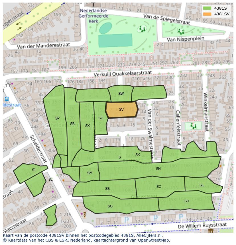 Afbeelding van het postcodegebied 4381 SV op de kaart.