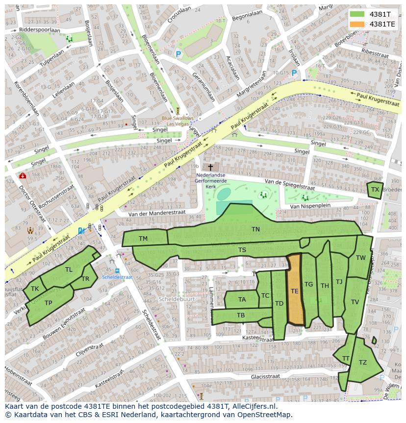 Afbeelding van het postcodegebied 4381 TE op de kaart.