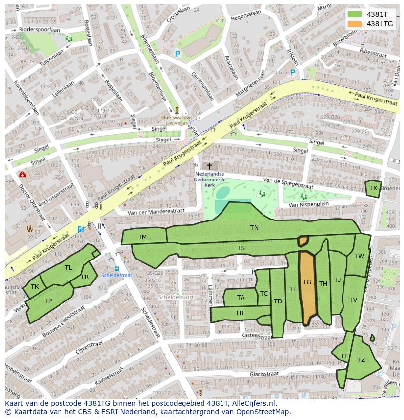 Afbeelding van het postcodegebied 4381 TG op de kaart.