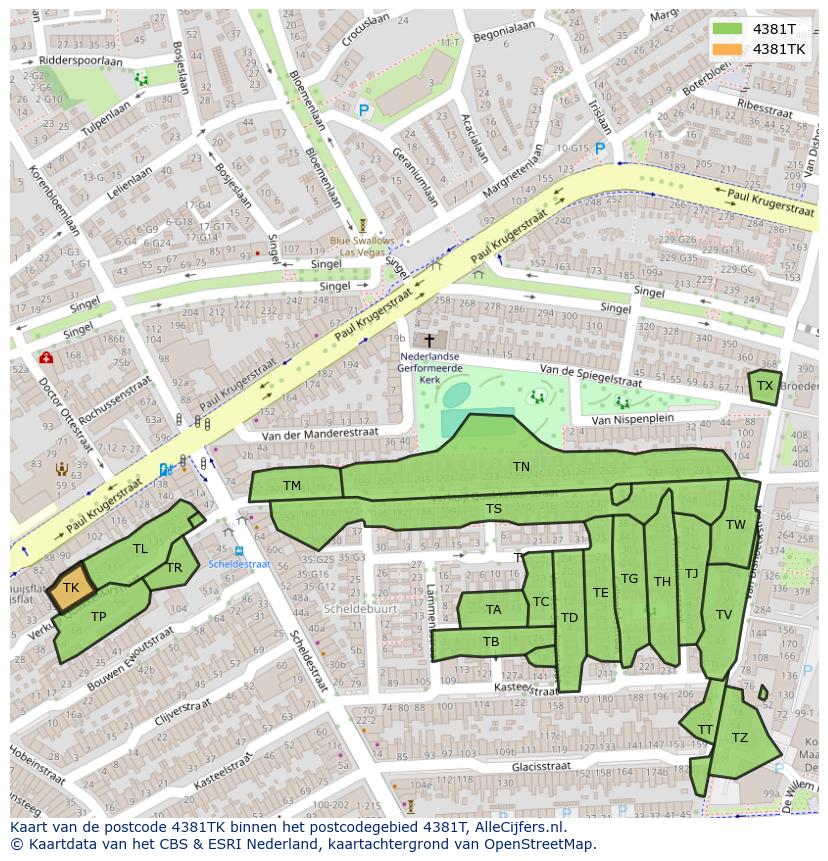 Afbeelding van het postcodegebied 4381 TK op de kaart.