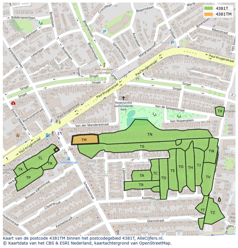 Afbeelding van het postcodegebied 4381 TM op de kaart.
