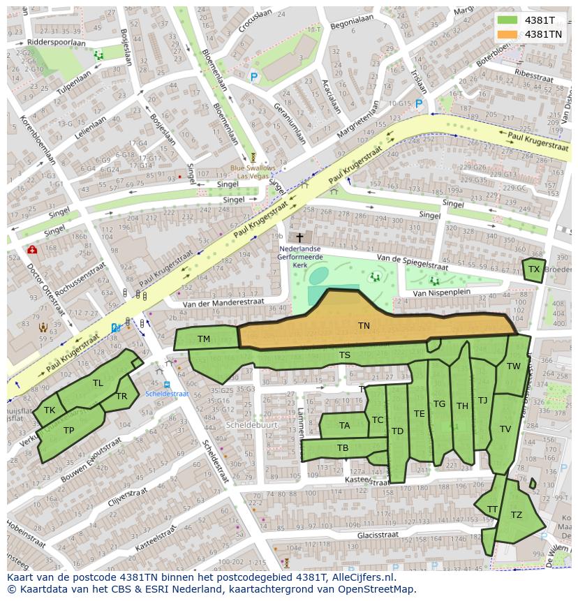 Afbeelding van het postcodegebied 4381 TN op de kaart.