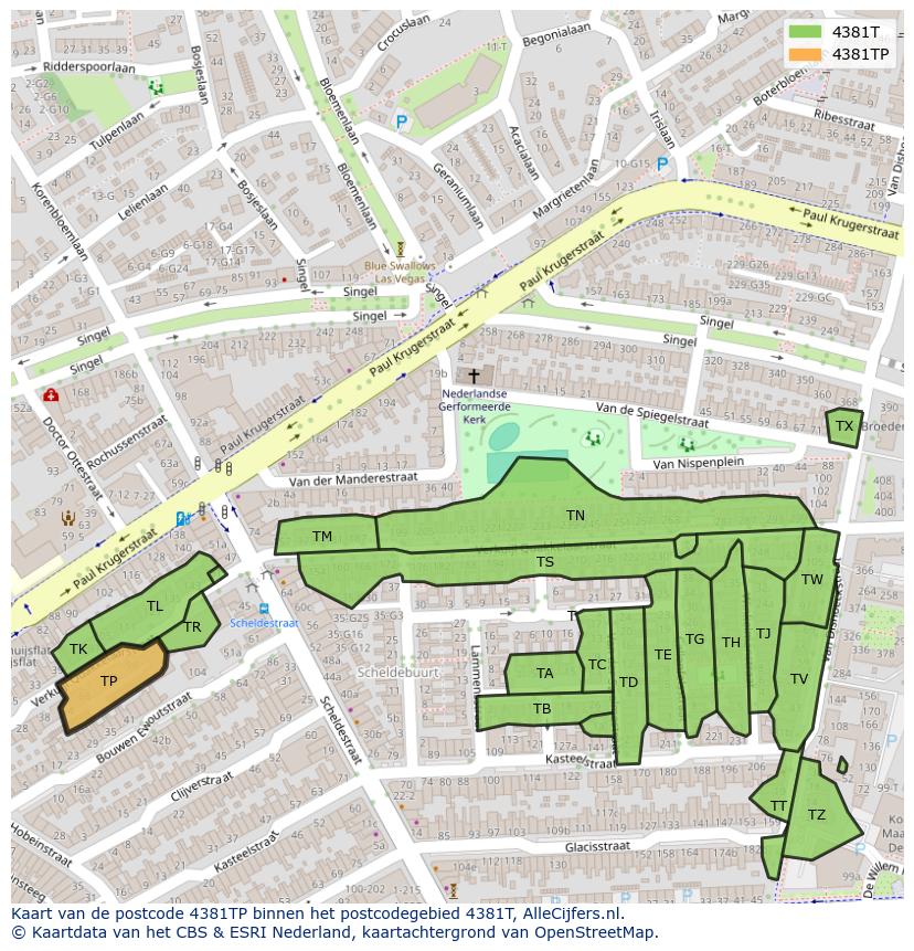 Afbeelding van het postcodegebied 4381 TP op de kaart.