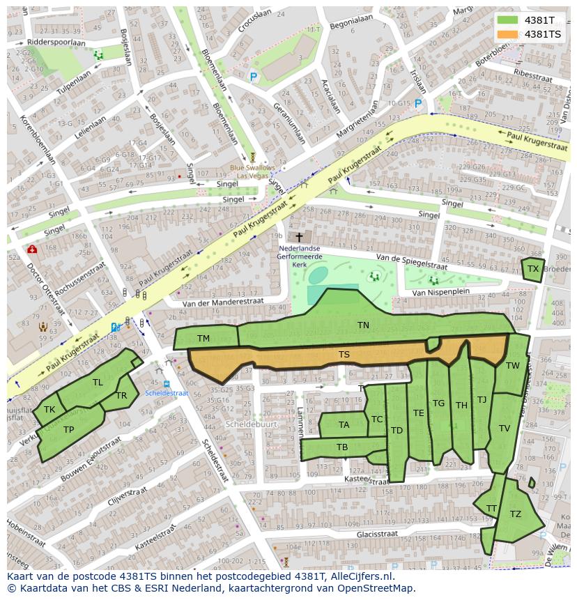 Afbeelding van het postcodegebied 4381 TS op de kaart.