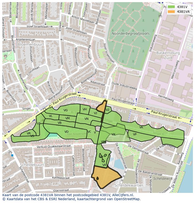 Afbeelding van het postcodegebied 4381 VA op de kaart.