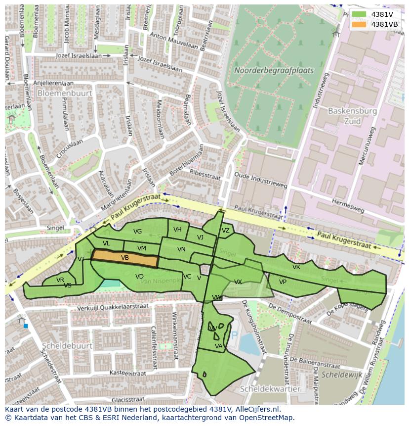 Afbeelding van het postcodegebied 4381 VB op de kaart.