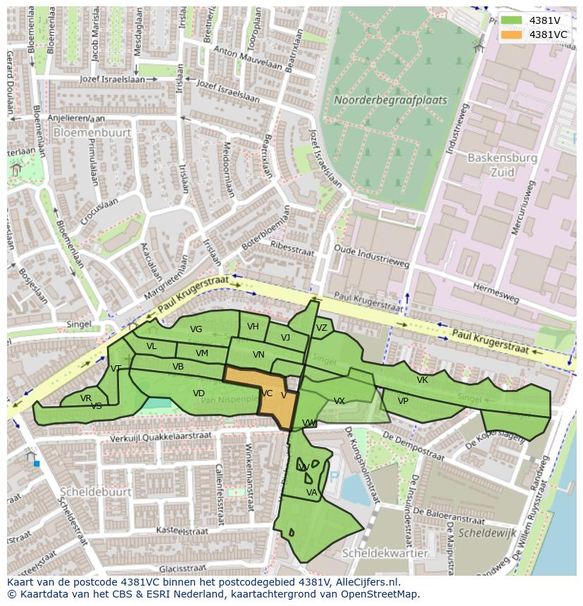 Afbeelding van het postcodegebied 4381 VC op de kaart.