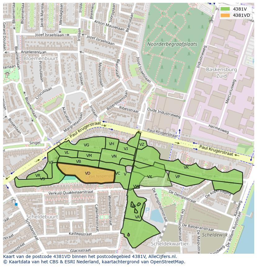 Afbeelding van het postcodegebied 4381 VD op de kaart.