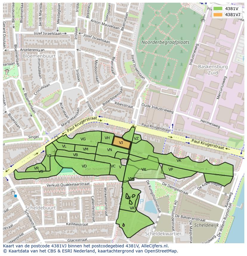 Afbeelding van het postcodegebied 4381 VJ op de kaart.