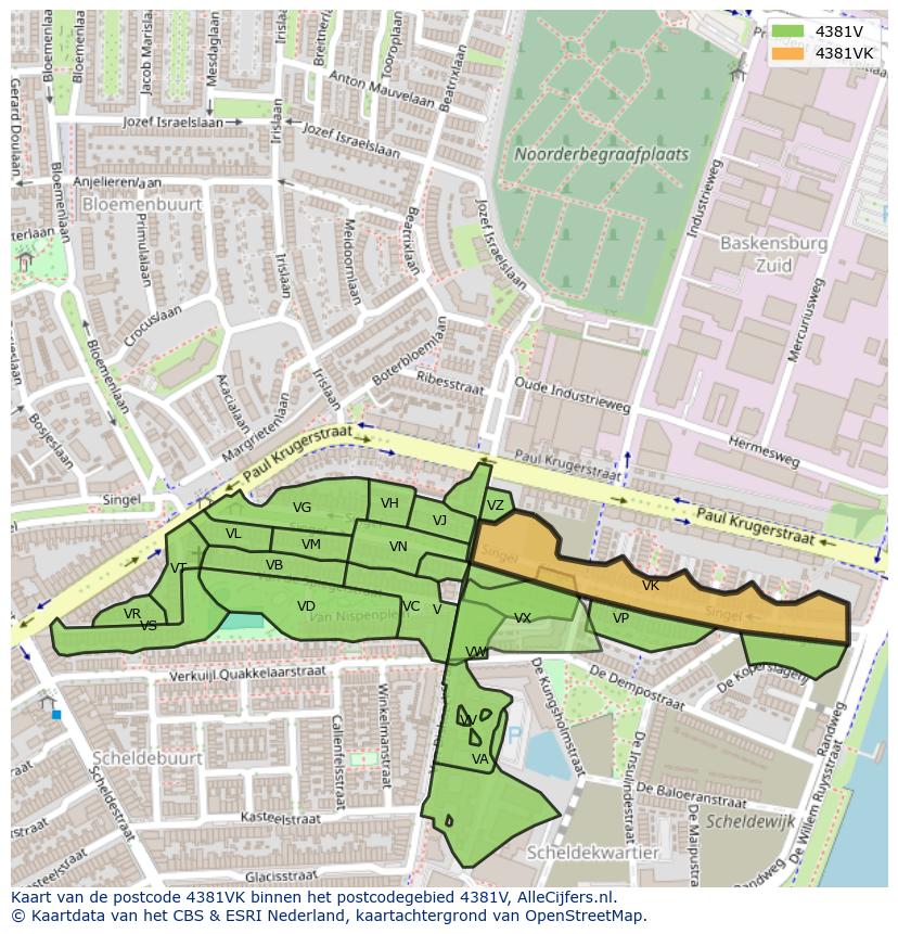 Afbeelding van het postcodegebied 4381 VK op de kaart.