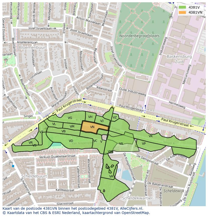 Afbeelding van het postcodegebied 4381 VN op de kaart.