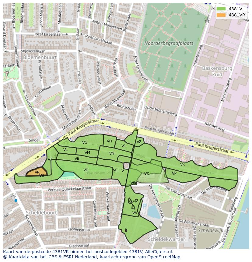 Afbeelding van het postcodegebied 4381 VR op de kaart.