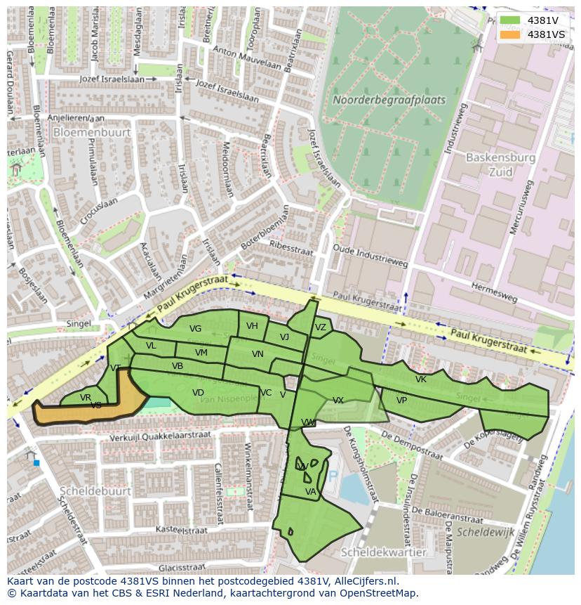 Afbeelding van het postcodegebied 4381 VS op de kaart.
