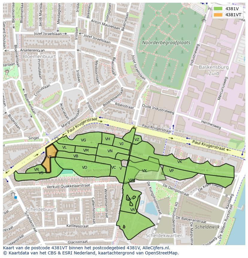 Afbeelding van het postcodegebied 4381 VT op de kaart.