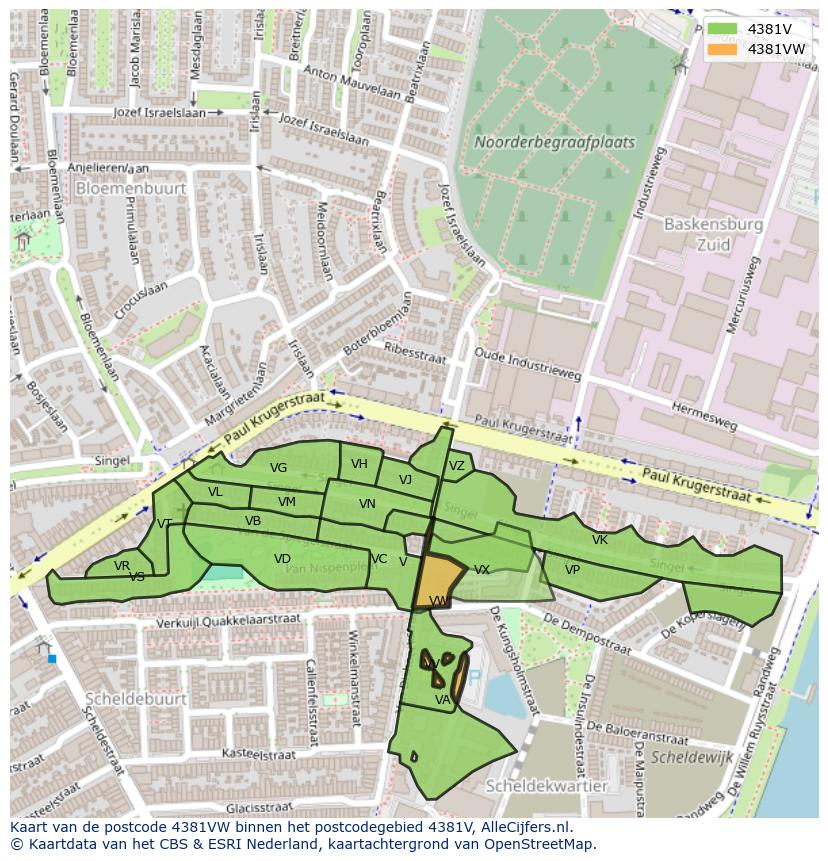 Afbeelding van het postcodegebied 4381 VW op de kaart.