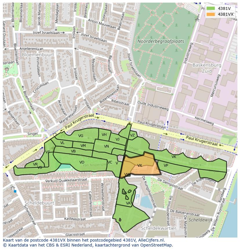 Afbeelding van het postcodegebied 4381 VX op de kaart.