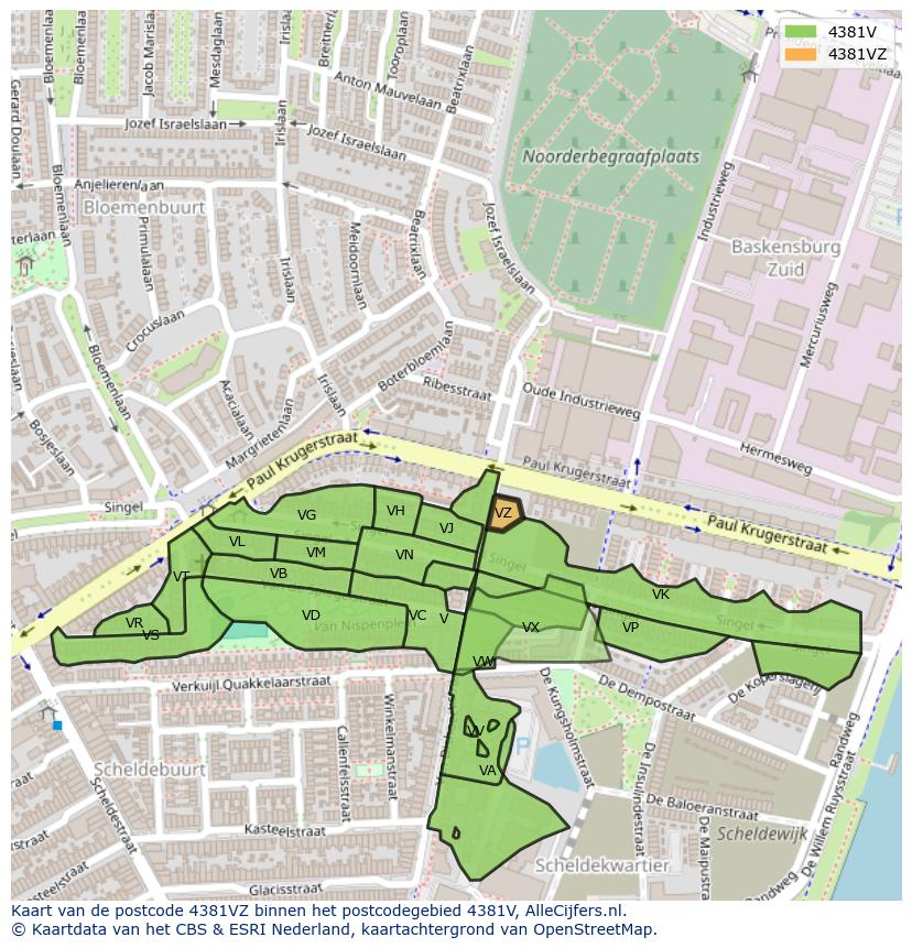 Afbeelding van het postcodegebied 4381 VZ op de kaart.