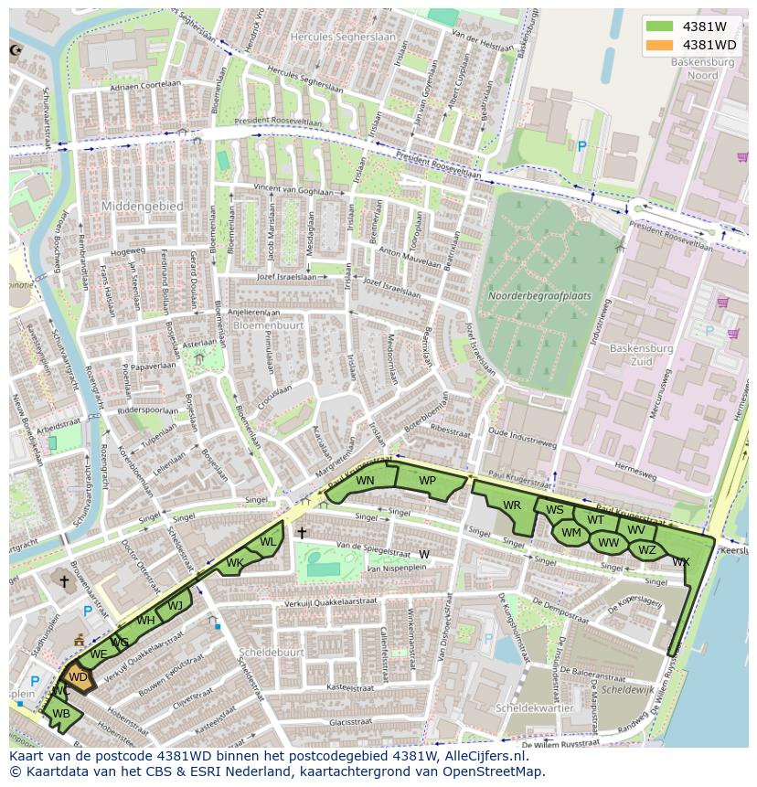 Afbeelding van het postcodegebied 4381 WD op de kaart.