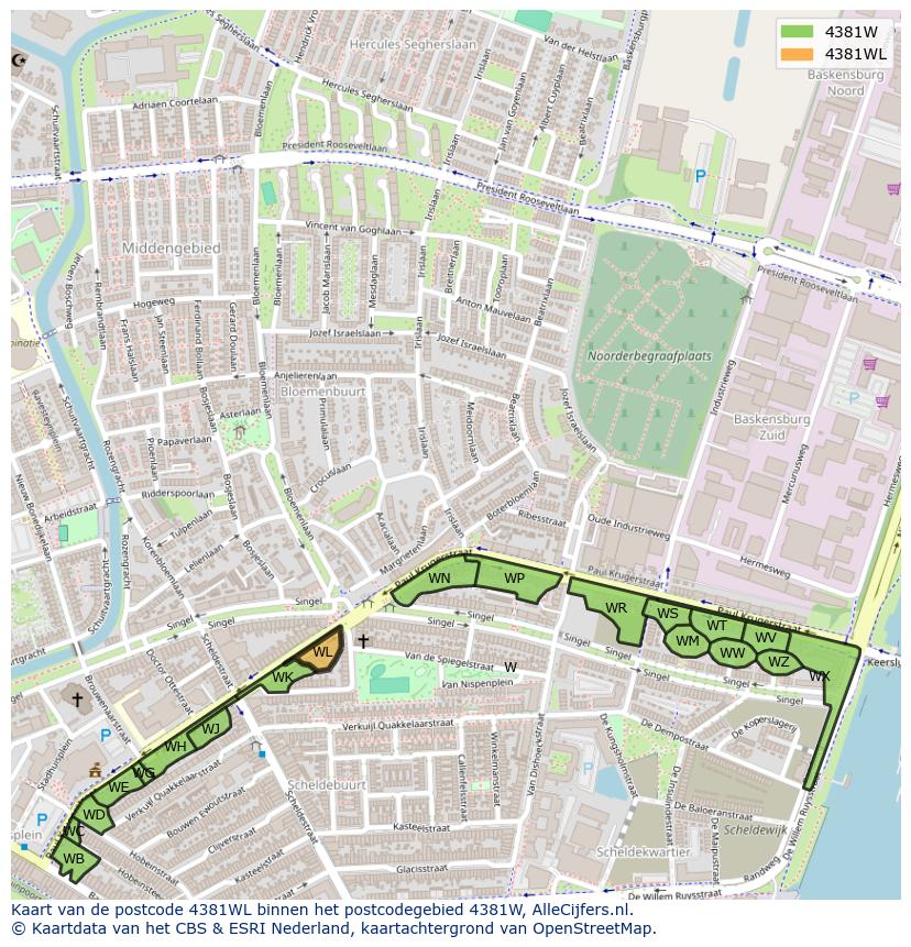 Afbeelding van het postcodegebied 4381 WL op de kaart.