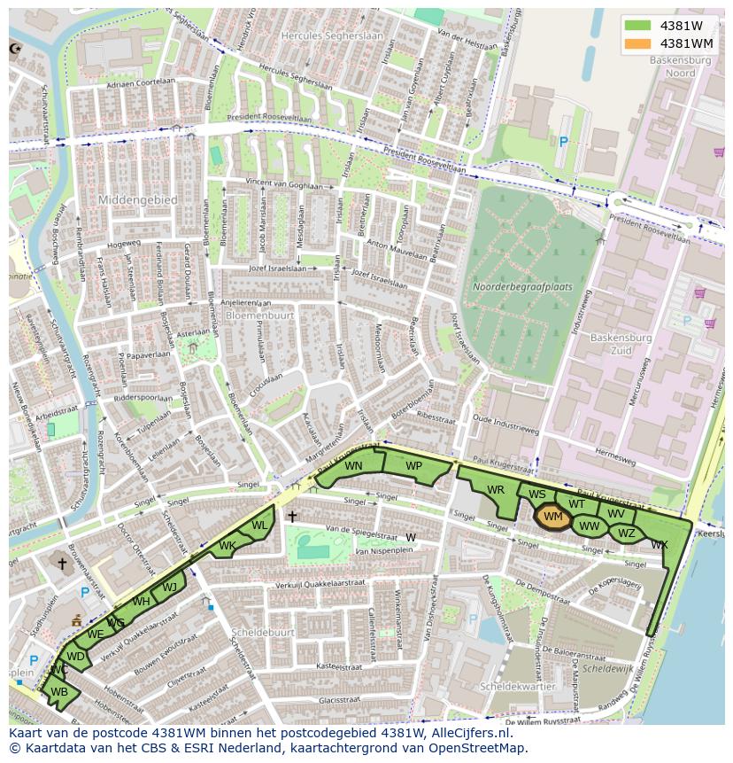 Afbeelding van het postcodegebied 4381 WM op de kaart.