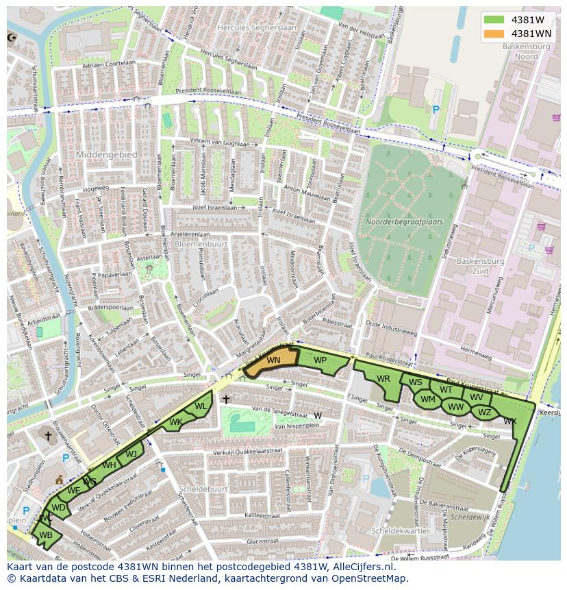Afbeelding van het postcodegebied 4381 WN op de kaart.