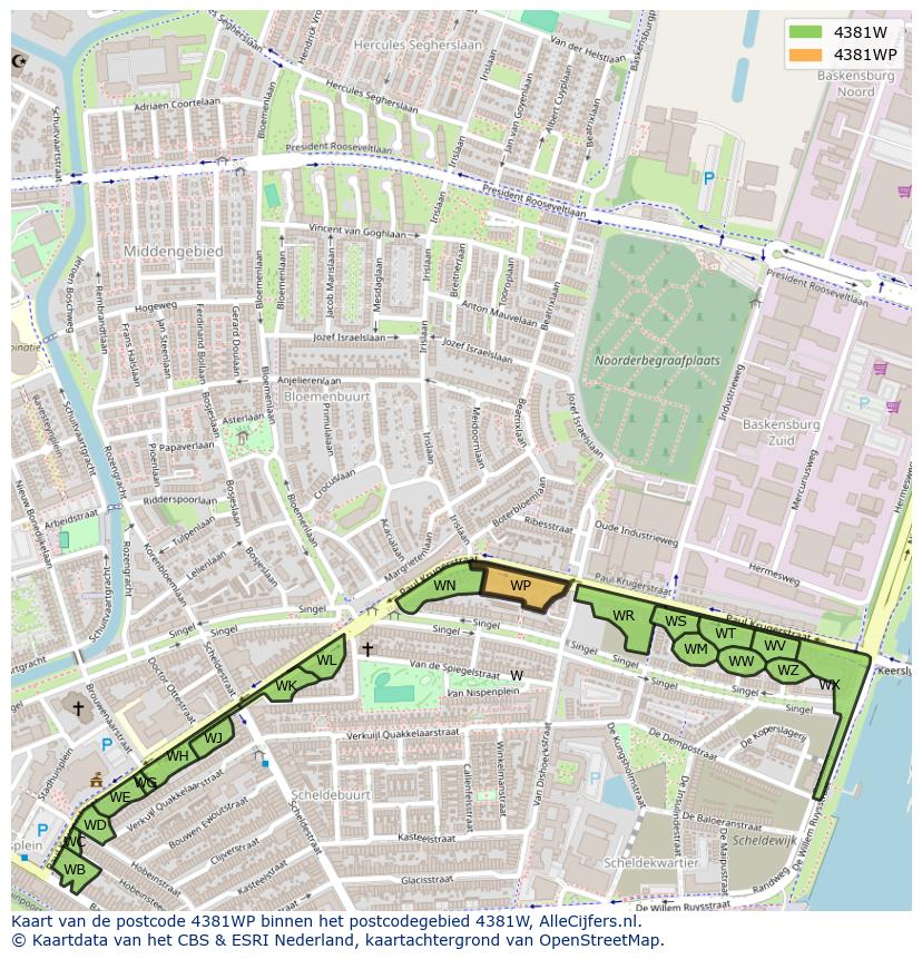 Afbeelding van het postcodegebied 4381 WP op de kaart.