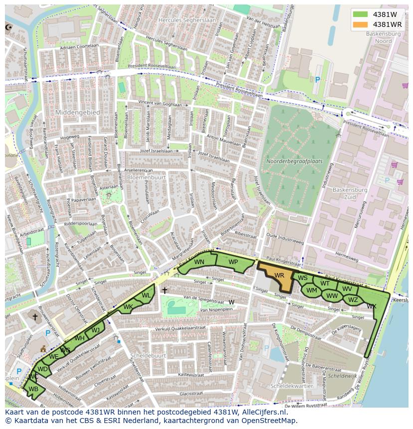 Afbeelding van het postcodegebied 4381 WR op de kaart.