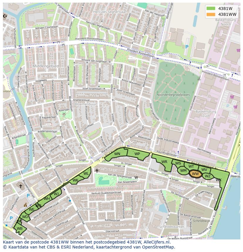 Afbeelding van het postcodegebied 4381 WW op de kaart.