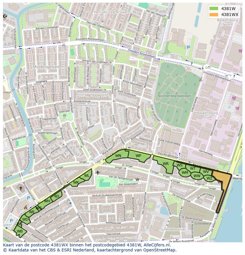 Afbeelding van het postcodegebied 4381 WX op de kaart.