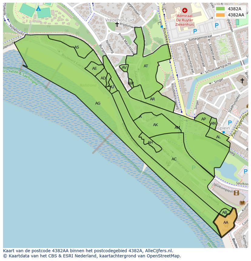 Afbeelding van het postcodegebied 4382 AA op de kaart.