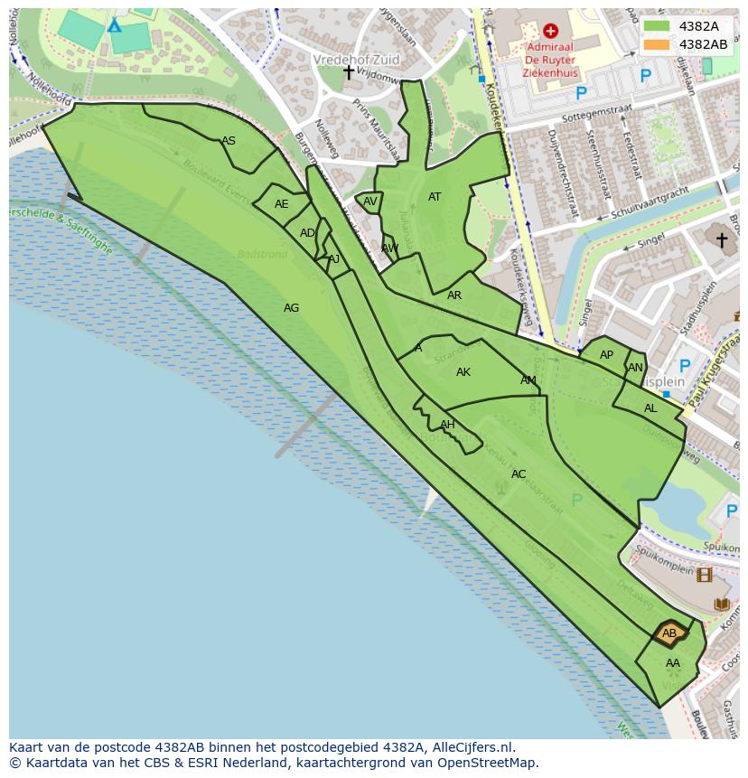 Afbeelding van het postcodegebied 4382 AB op de kaart.