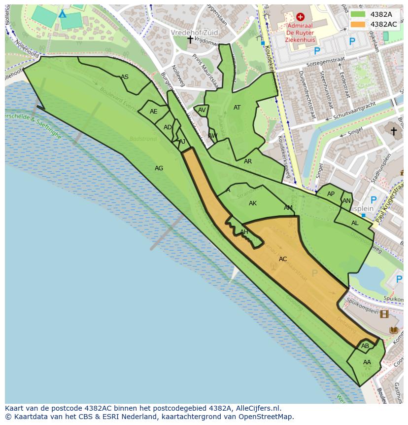 Afbeelding van het postcodegebied 4382 AC op de kaart.