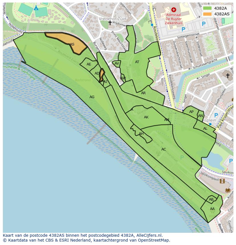 Afbeelding van het postcodegebied 4382 AS op de kaart.