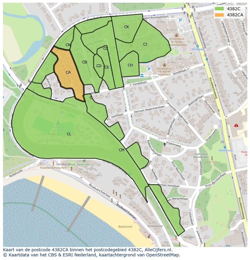 Afbeelding van het postcodegebied 4382 CA op de kaart.