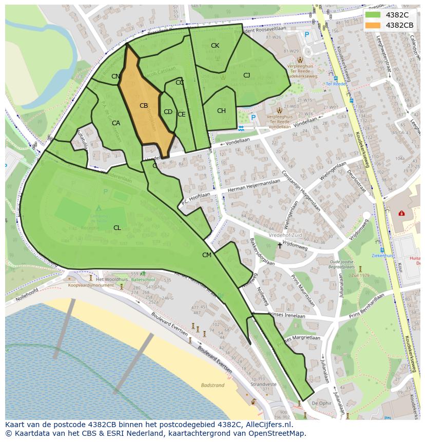 Afbeelding van het postcodegebied 4382 CB op de kaart.