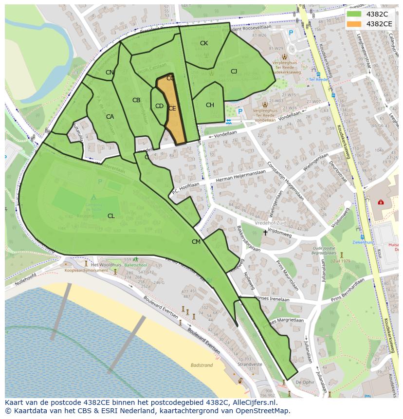 Afbeelding van het postcodegebied 4382 CE op de kaart.