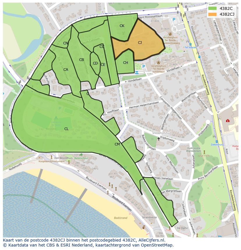 Afbeelding van het postcodegebied 4382 CJ op de kaart.