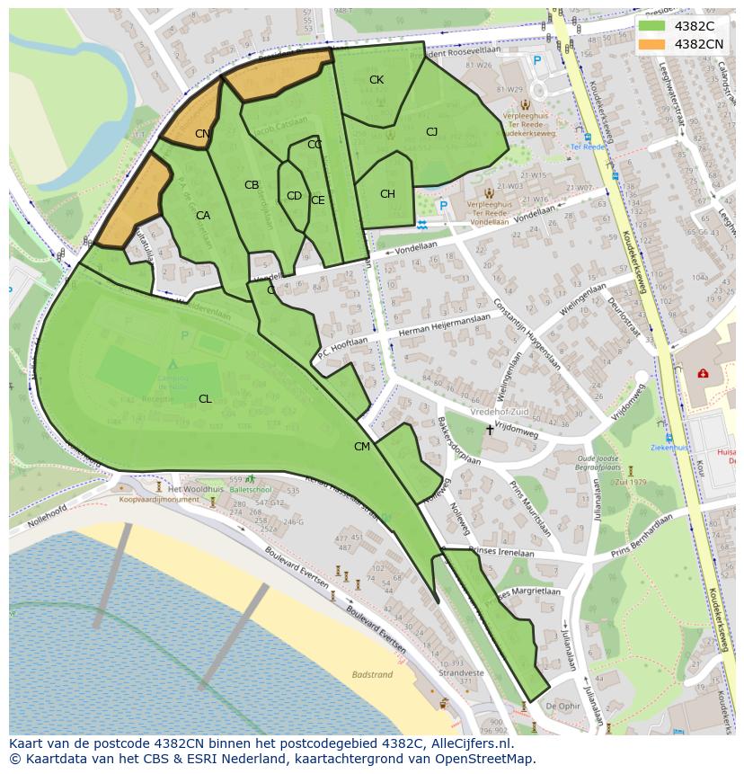 Afbeelding van het postcodegebied 4382 CN op de kaart.