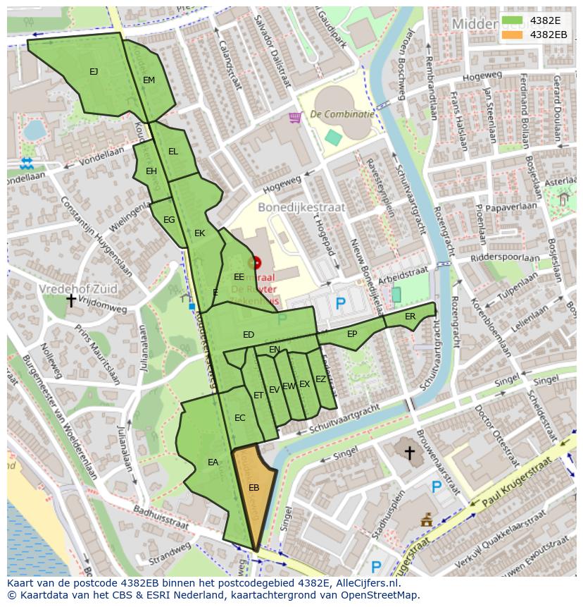 Afbeelding van het postcodegebied 4382 EB op de kaart.