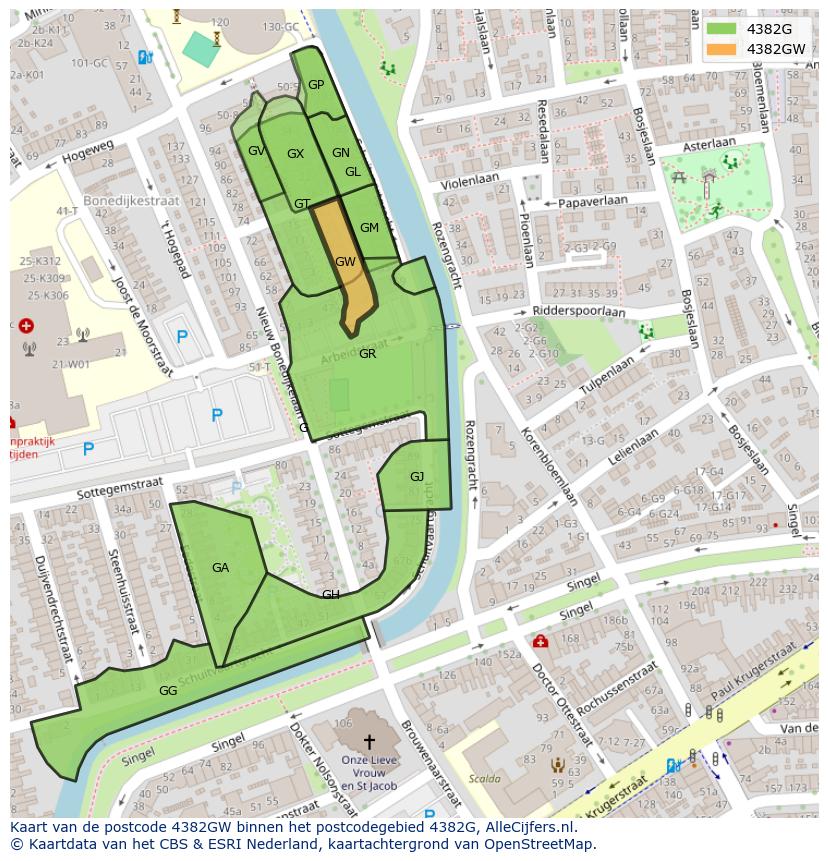Afbeelding van het postcodegebied 4382 GW op de kaart.