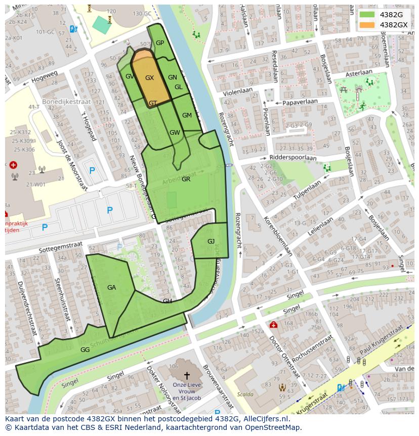 Afbeelding van het postcodegebied 4382 GX op de kaart.