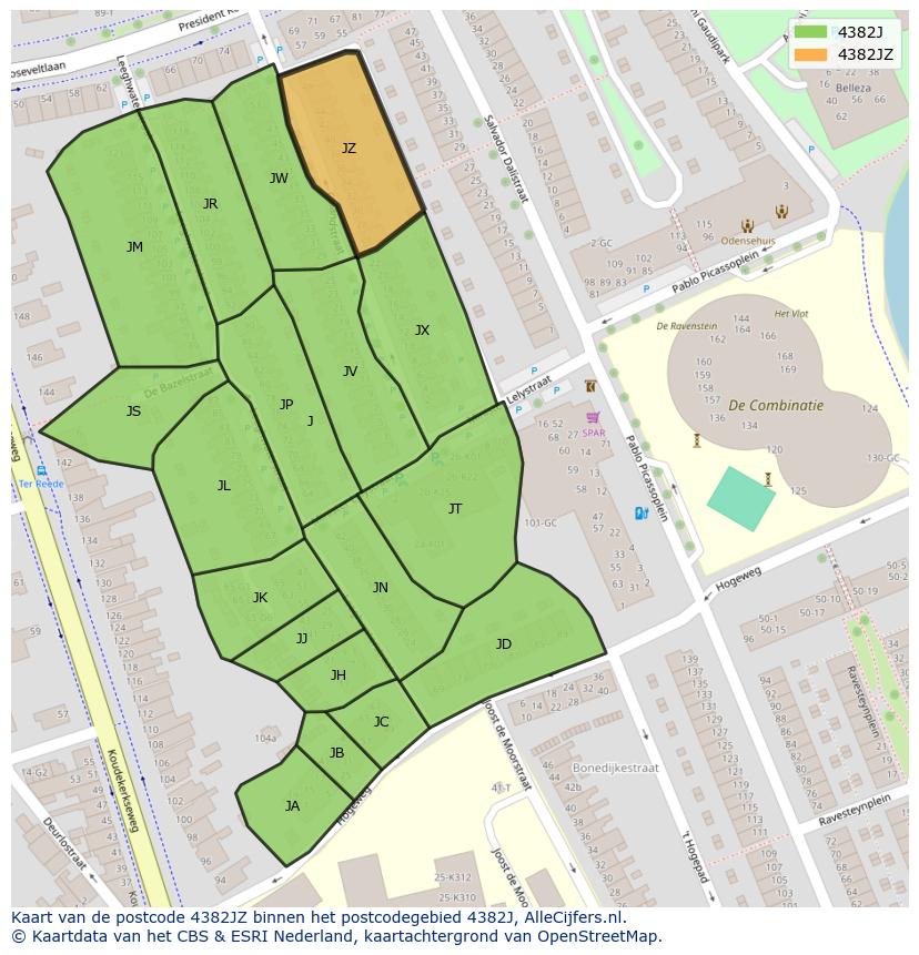 Afbeelding van het postcodegebied 4382 JZ op de kaart.