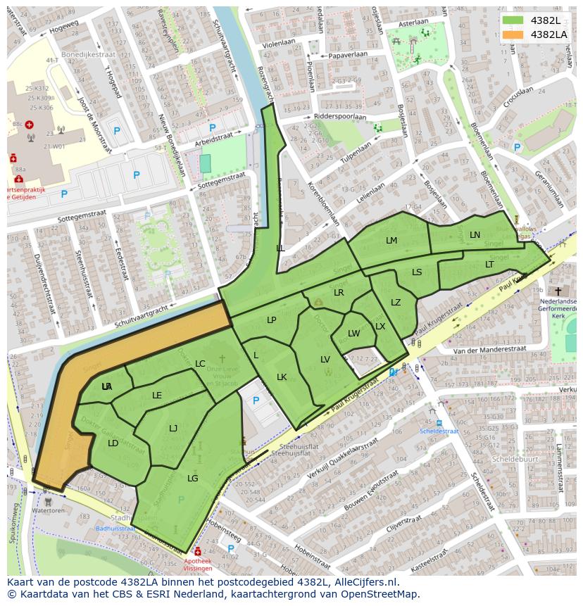 Afbeelding van het postcodegebied 4382 LA op de kaart.