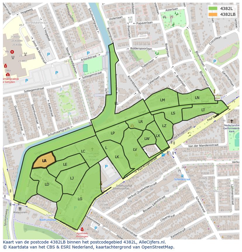 Afbeelding van het postcodegebied 4382 LB op de kaart.