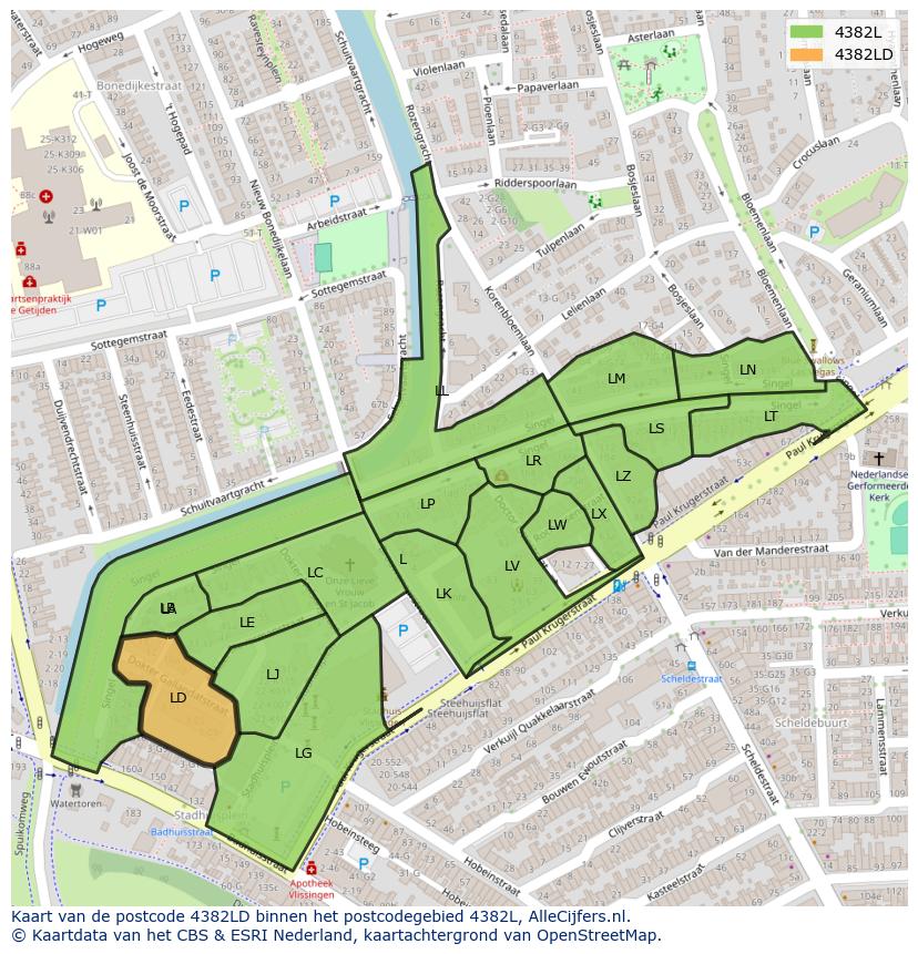 Afbeelding van het postcodegebied 4382 LD op de kaart.