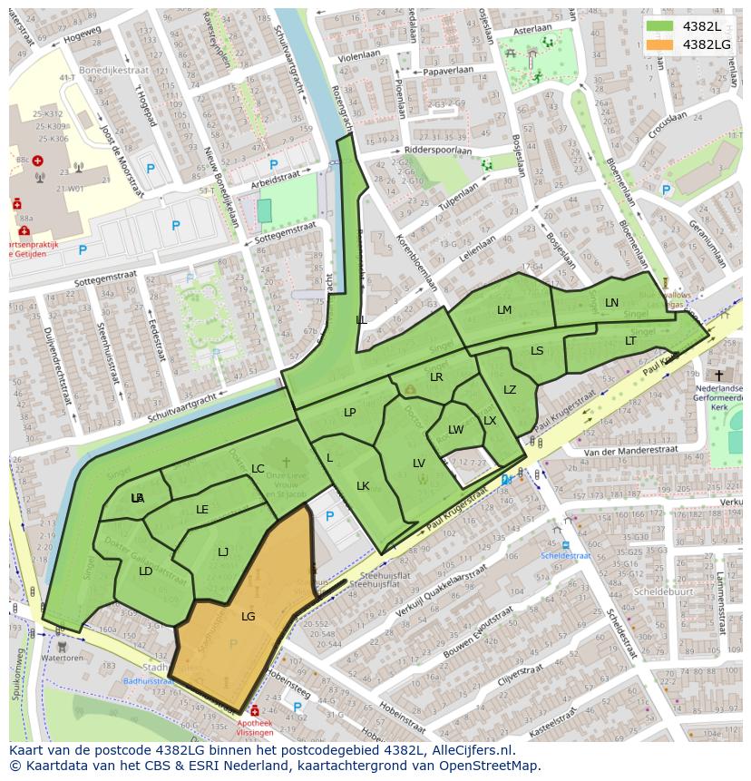 Afbeelding van het postcodegebied 4382 LG op de kaart.